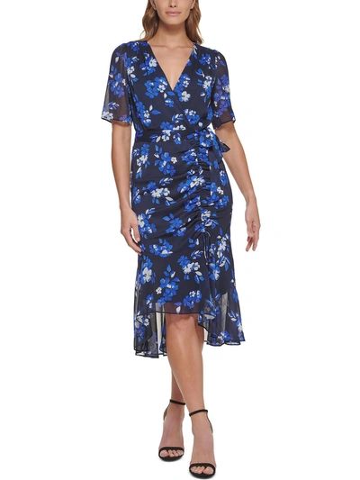 Dkny Womens High Low Floral Print Midi Dress In Blue