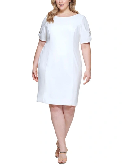 Dkny Plus Womens Textured Knee Length Wear To Work Dress In White