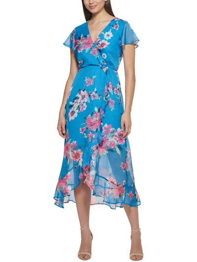 Kensie Womens Floral Chiffon V-neck Midi Fit & Flare Dress In Multi