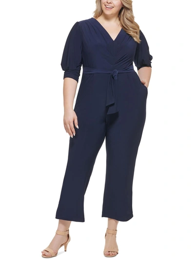 Vince Camuto Plus Womens V-neck Tie Front Jumpsuit In Blue
