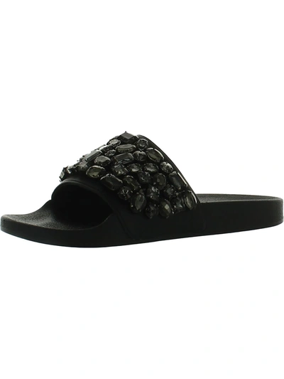 Steve Madden Simplify Womens Slip On Rhinestone Slide Sandals In Black
