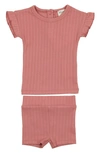 Maniere Babies' Manière Rib Ruffle Sleeve Cotton Knit T-shirt & Shorts Set In Rose