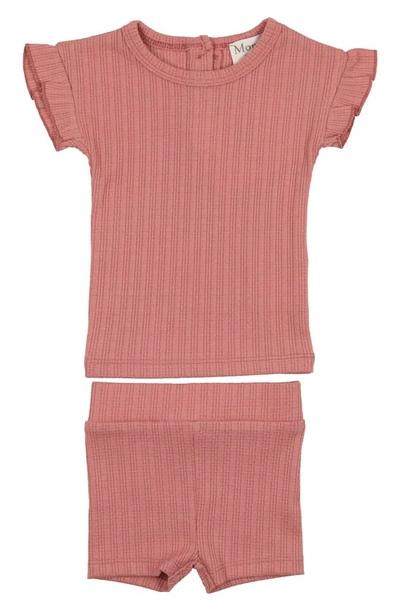 Maniere Babies' Rib Ruffle Sleeve Cotton Knit T-shirt & Shorts Set In Rose