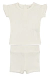Maniere Babies' Rib Ruffle Sleeve Cotton Knit T-shirt & Shorts Set In White