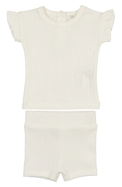 Maniere Babies' Rib Ruffle Sleeve Cotton Knit T-shirt & Shorts Set In White