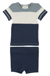 Maniere Babies' Rugby Stripe Cotton Knit T-shirt & Shorts Set In Blue