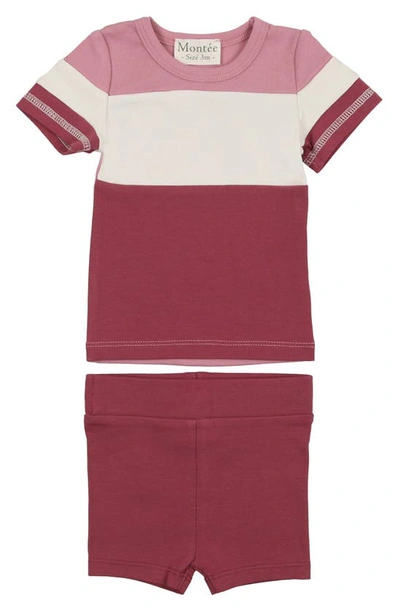Maniere Babies' Rugby Stripe Cotton Knit T-shirt & Shorts Set In Berry