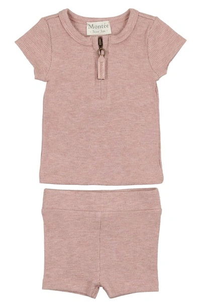 Maniere Babies' Rib Cotton Knit T-shirt & Shorts Set In Rose