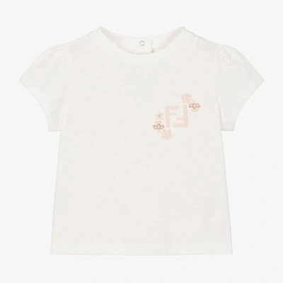 Fendi Baby Girls Ivory Cotton Logo T-shirt