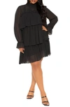 Buxom Couture Tiered Long Sleeve Minidress In Black
