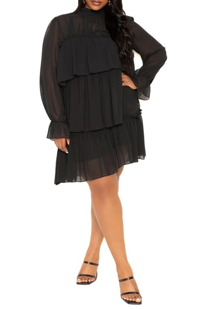 Shop Buxom Couture Tiered Long Sleeve Minidress In Black