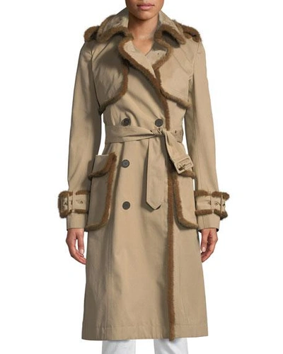 J Mendel Mink-trimmed Double-breasted Trench Coat In Khaki