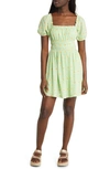 Bp. Shirred Puff Sleeve Prairie Dress In Green- Yellow Daisy Dots