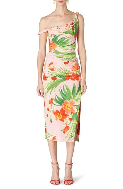 Carolina Herrera Floral-print Ruched Bodice Off-shoulder Midi Dress In Pink