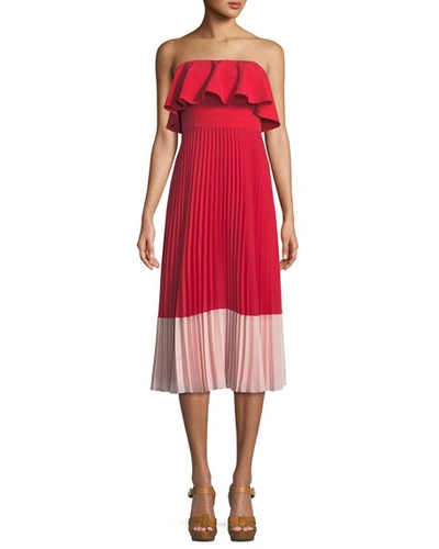 Aidan Mattox Strapless Colorblock Popover Pleated Crepe Dress In Red