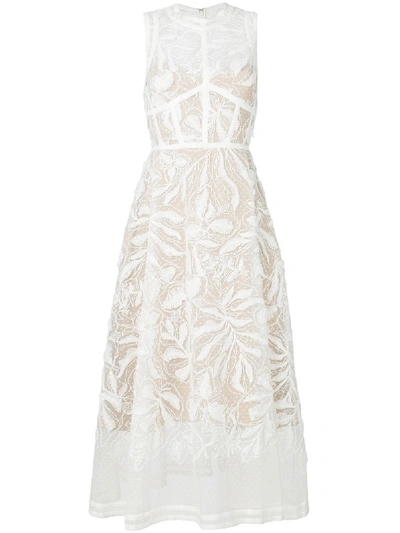 Elie Saab Sleeveless Fit-and-flare Yarn-embroidered Tulle Midi Cocktail Dress In White