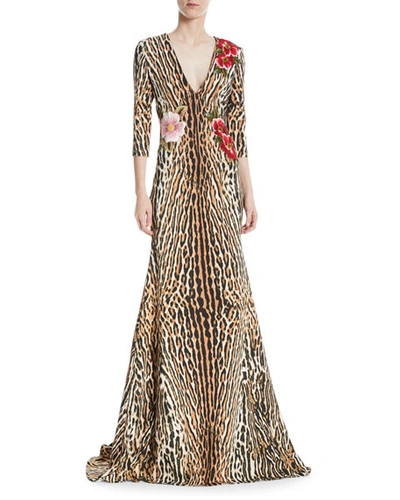 Naeem Khan Leopard & Floral V-neck Trumpet Gown