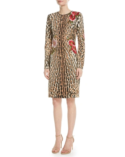 Naeem Khan Leopard Sheath Dress W/ Floral Appliqu&eacute;