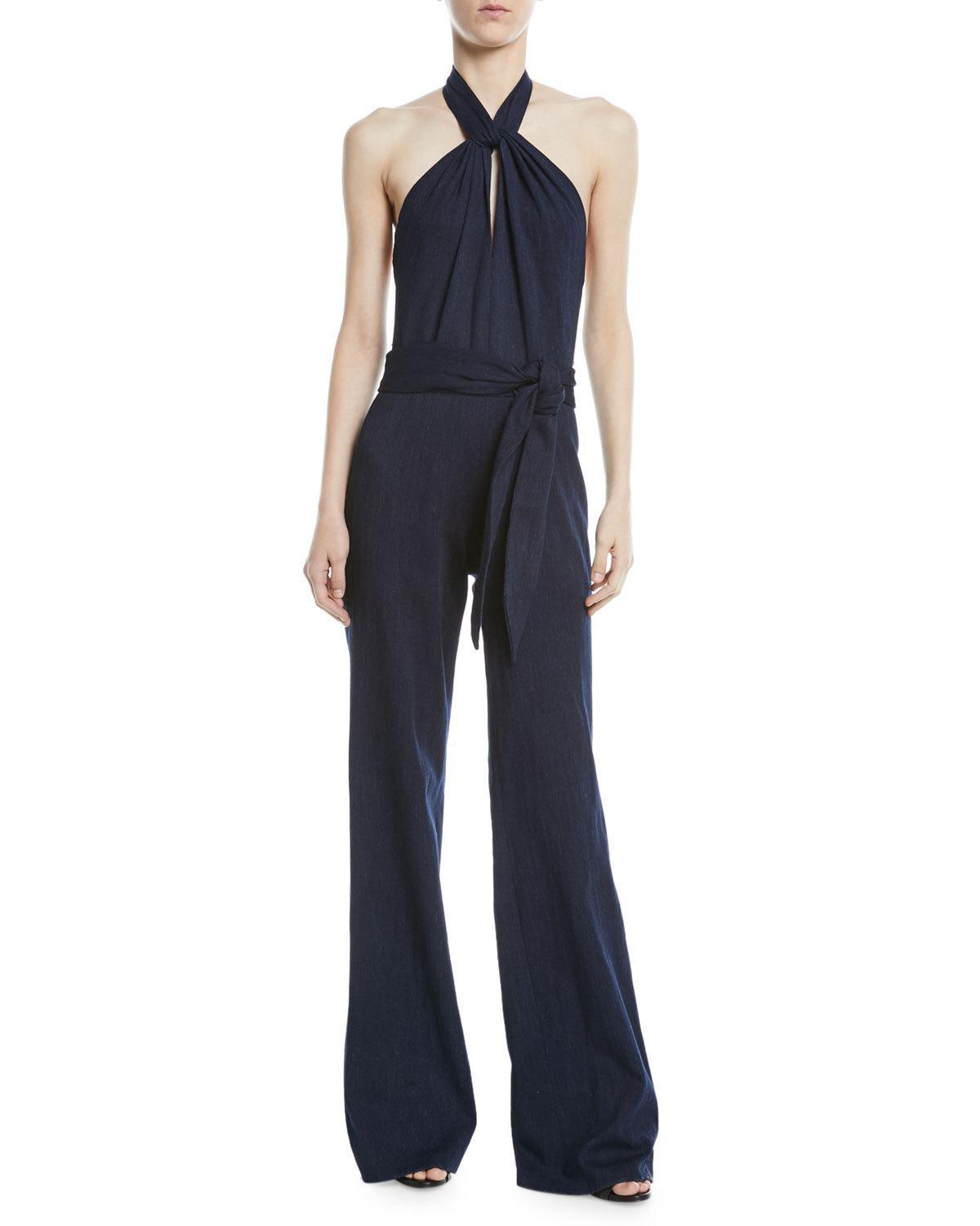 Josie Natori Denim Halter Wideleg Jumpsuit In Indigo ModeSens