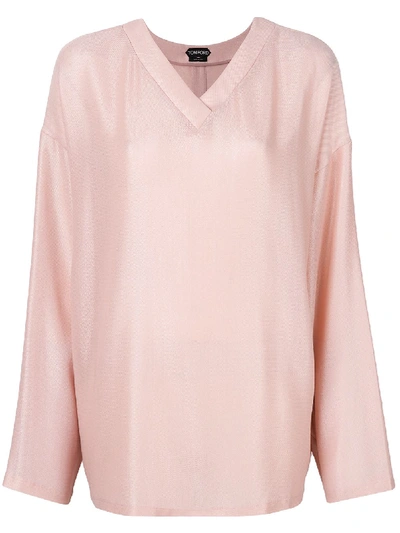 Tom Ford V-neck Long-sleeve Straight Silk Blouse In Pink & Purple