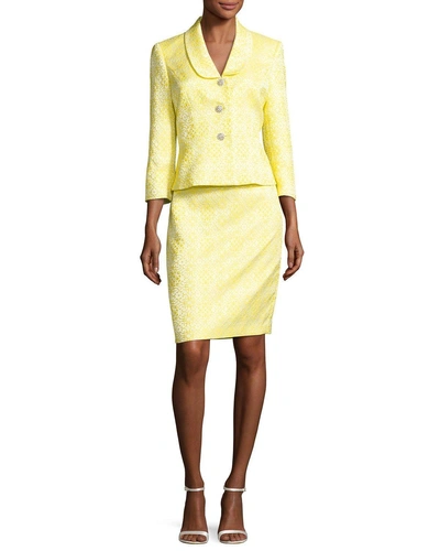 Albert Nipon Floral Jacquard Jacket W/ Pencil Skirt, Yellow/white