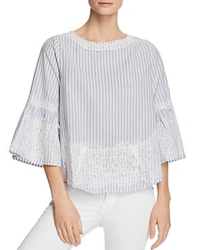 Alison Andrews Bell Sleeve Lace Overlay Stripe Top In Blue/white