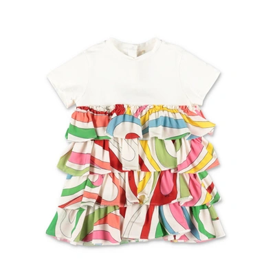 Emilio Pucci White With Contrasting Panels Cotton Jersey Baby Girl  Dress In Cream