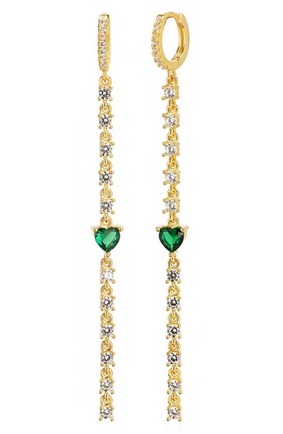 Gabi Rielle 14k Gold Plated Heart Cz Linear Drop Earrings In Emerald