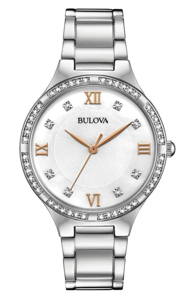 Bulova Crystal Bezel Bracelet Strap Watch, 34mm In Silver