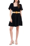 Blu Pepper Belted Flutter Sleeve Clip Dot Dress In Black