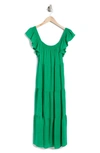 Lush Flutter Sleeve Texture Tiered Midi Dress In Green
