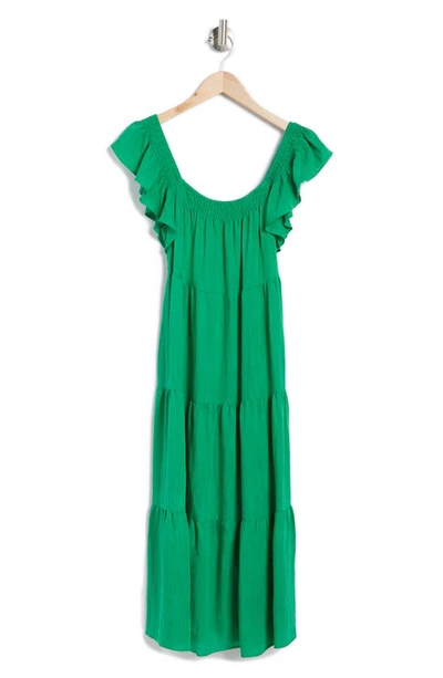 Lush Flutter Sleeve Texture Tiered Midi Dress In Green
