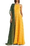 Sani Nila Anarkali With Dupatta In Marigold/ Green Dupatta