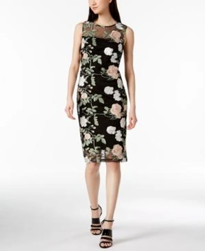 Calvin Klein Petite Floral Embroidered Mesh Dress In Nectar/white/black