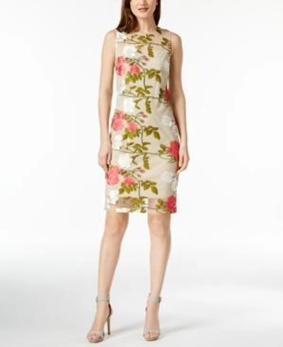 Calvin Klein Embroidered Mesh Dress, Regular & Petite Sizes In Coral/white/khaki