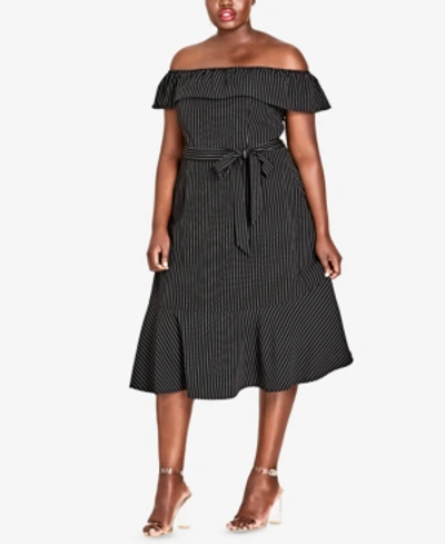 City Chic Midi Madame Stripe Off The Shoulder Dress In Black