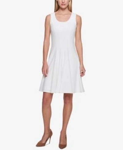 Tommy Hilfiger Scalloped Pique Fit & Flare Dress In Ivory/ Sky Captain