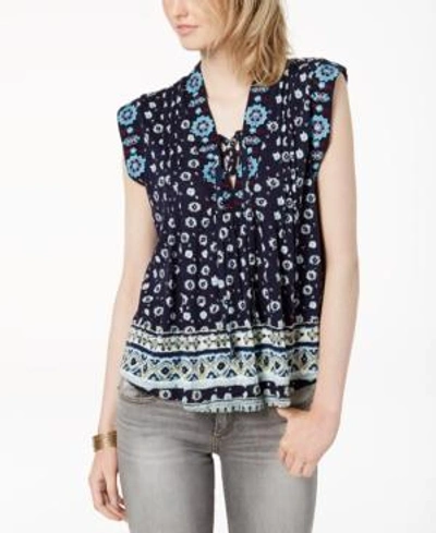 Lucky Brand Printed Lace-up Top In Navy Multi