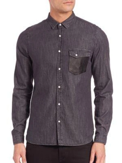 The Kooples Leather-trim Denim Shirt In Grey