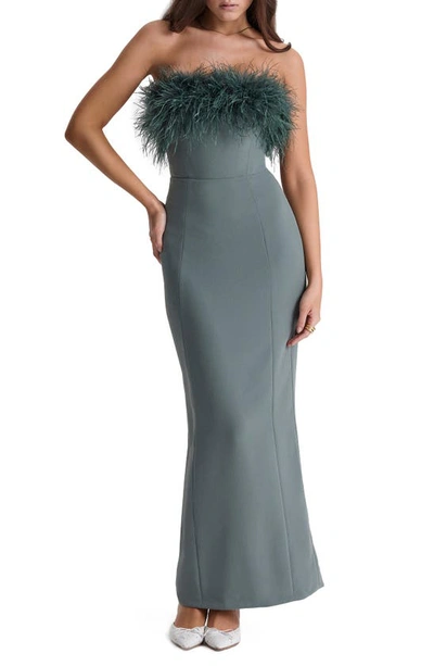 House Of Cb Strapless Feather Bodice Crepe Maxi Dress In Dark Eucalyptus