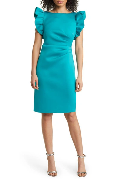 Eliza J Ruffle Sleeve Satin Cocktail Sheath Dress In Turquoise