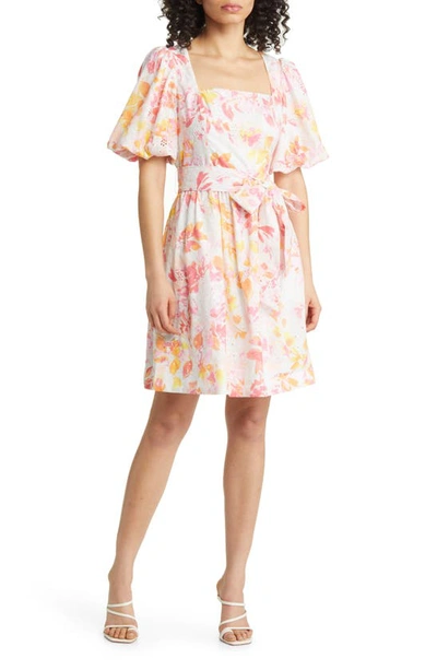 Eliza J Floral Print Puff Sleeve Eyelet Cotton Dress In Pink