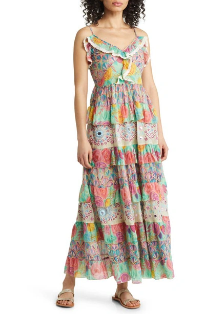 Barok Paris Mixed Print Tiered Cotton Maxi Dress In Mint