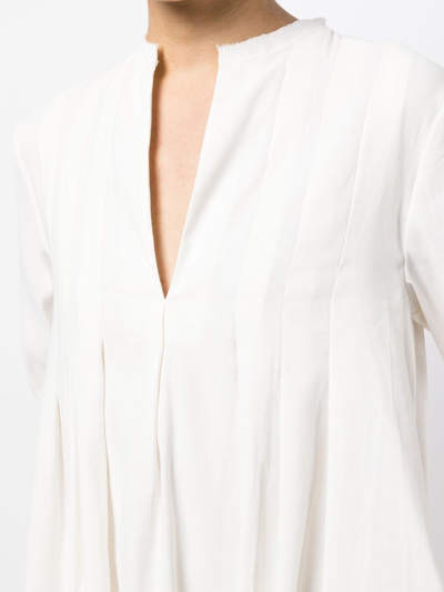 Vince Pleat Detail Long Sleeve Linen & Cotton Blend Trapeze Dress In White