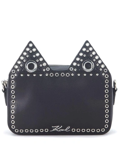 Karl Lagerfeld Black Leather Shoulder Bag With Cat Ears And Stubs. In Nero