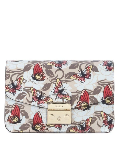 Furla Metropolis Shoulder Vanilla Leather Bag With Butterflies In Multicolor