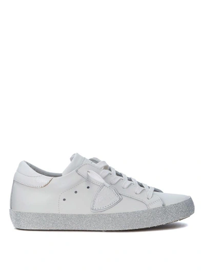 Philippe Model Paris White Leather And Glitter Sneaker In Bianco