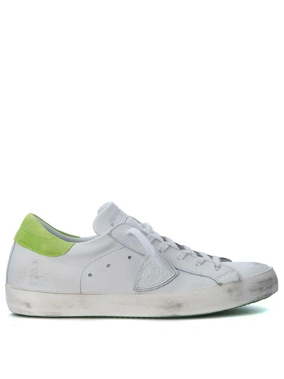 Philippe Model Paris White And Fluo Green Leather Sneakers In Bianco
