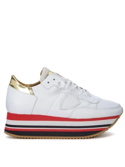 Philippe Model Eiffel White And Golden Leather Sneaker In Bianco