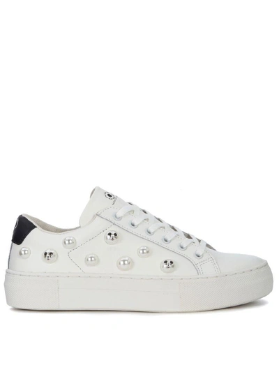 Moa Master Of Arts Moa Mickey Mouse White Leather Sneaker With Pearls In Bianco